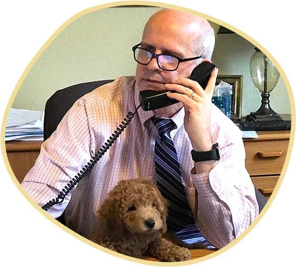 An adult businessman sitting in an office, talking on a telephone with a dog beside him.